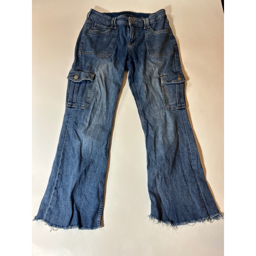 Aeropostale Cargo Flare Jeans Womens 10R Blue Excellent Mid Rise Raw Hem Utility
